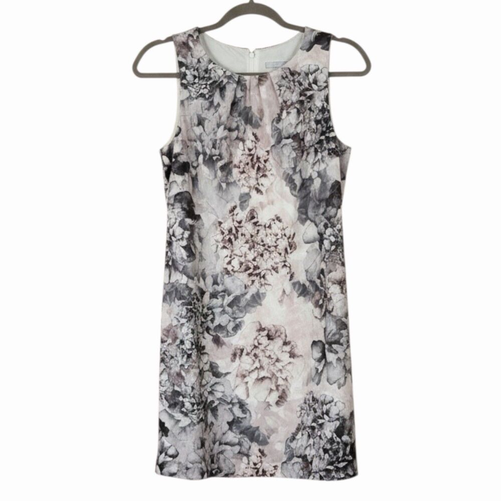 H&M Chiffon Floral Print Trapeze Dress Pleated Gray Cream 6